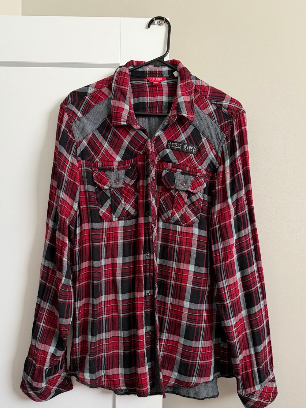 Guess Red and Gray Plaid Button-Down Shirt